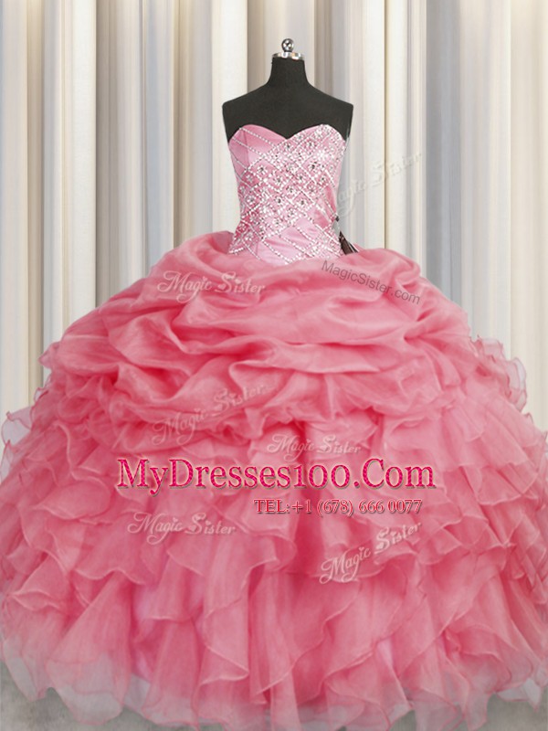 Organza Sweetheart Sleeveless Lace Up Beading and Ruffles Sweet 16 Dresses in Coral Red