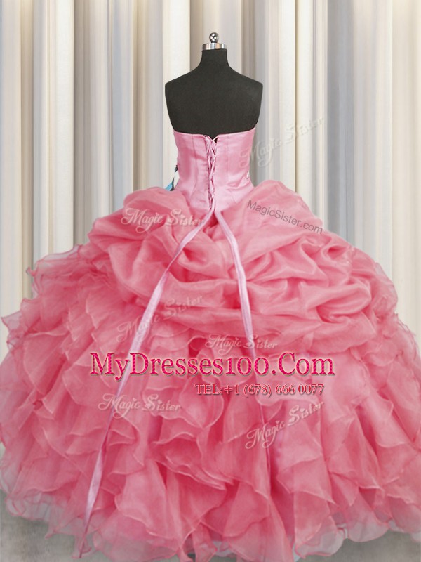 Organza Sweetheart Sleeveless Lace Up Beading and Ruffles Sweet 16 Dresses in Coral Red