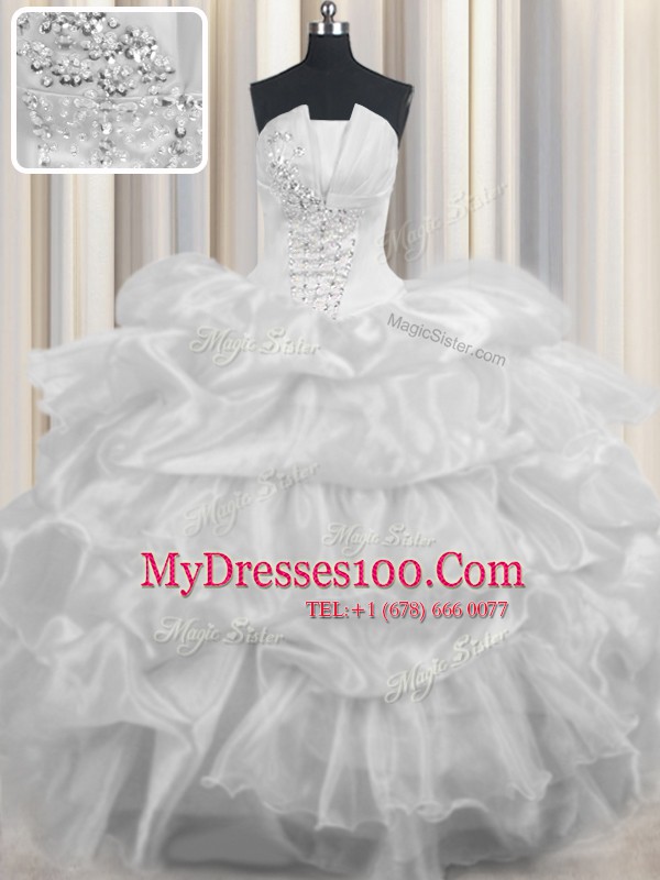 Customized White Ball Gowns Beading and Ruffled Layers and Pick Ups Sweet 16 Quinceanera Dress Lace Up Organza Sleeveless Floor Length