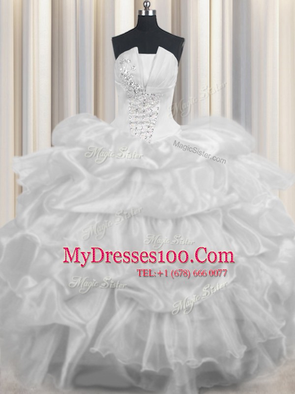 Customized White Ball Gowns Beading and Ruffled Layers and Pick Ups Sweet 16 Quinceanera Dress Lace Up Organza Sleeveless Floor Length