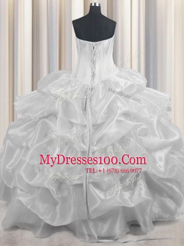 Customized White Ball Gowns Beading and Ruffled Layers and Pick Ups Sweet 16 Quinceanera Dress Lace Up Organza Sleeveless Floor Length