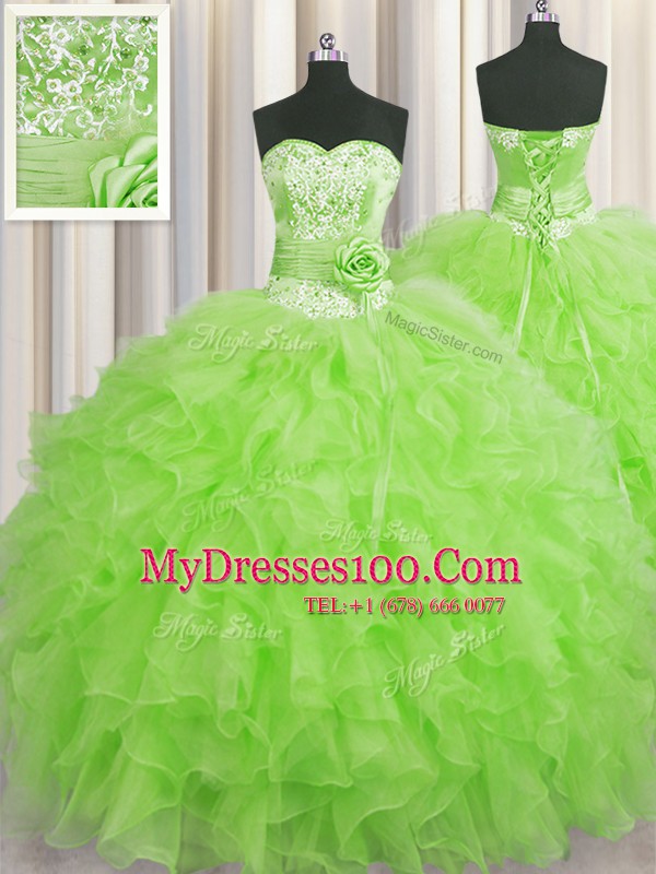 Most Popular Handcrafted Flower Sweetheart Neckline Beading and Ruffles and Hand Made Flower Quinceanera Dress Sleeveless Lace Up