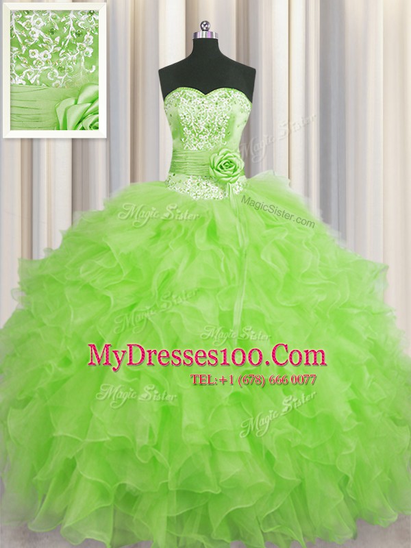Most Popular Handcrafted Flower Sweetheart Neckline Beading and Ruffles and Hand Made Flower Quinceanera Dress Sleeveless Lace Up