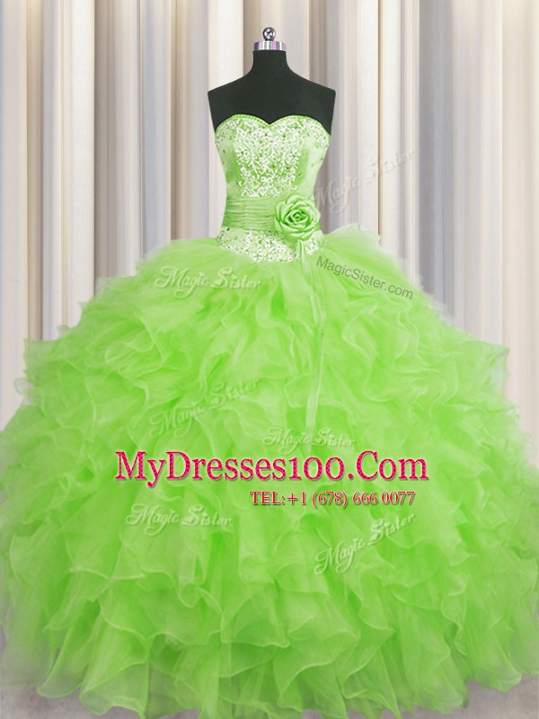 Most Popular Handcrafted Flower Sweetheart Neckline Beading and Ruffles and Hand Made Flower Quinceanera Dress Sleeveless Lace Up