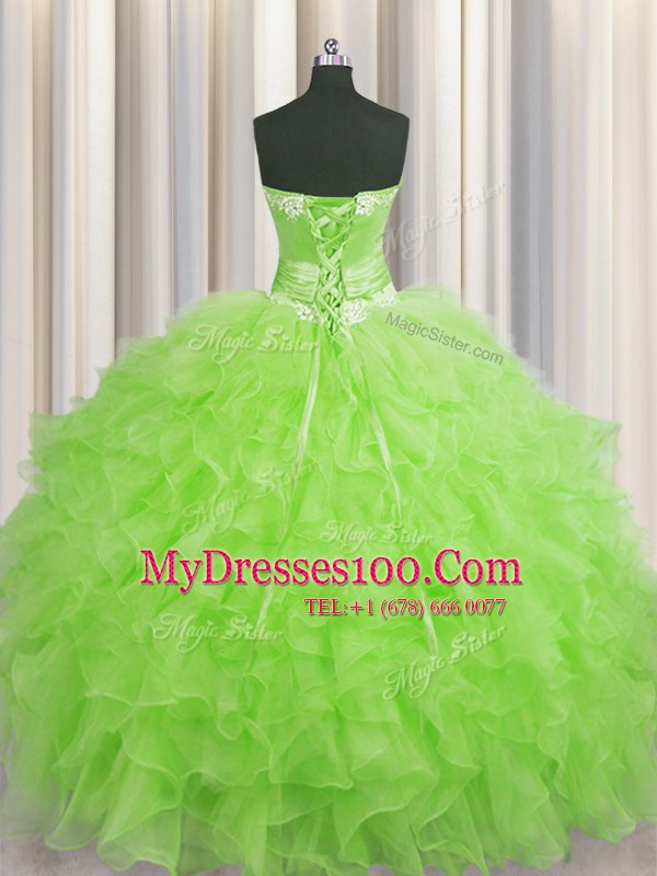 Most Popular Handcrafted Flower Sweetheart Neckline Beading and Ruffles and Hand Made Flower Quinceanera Dress Sleeveless Lace Up