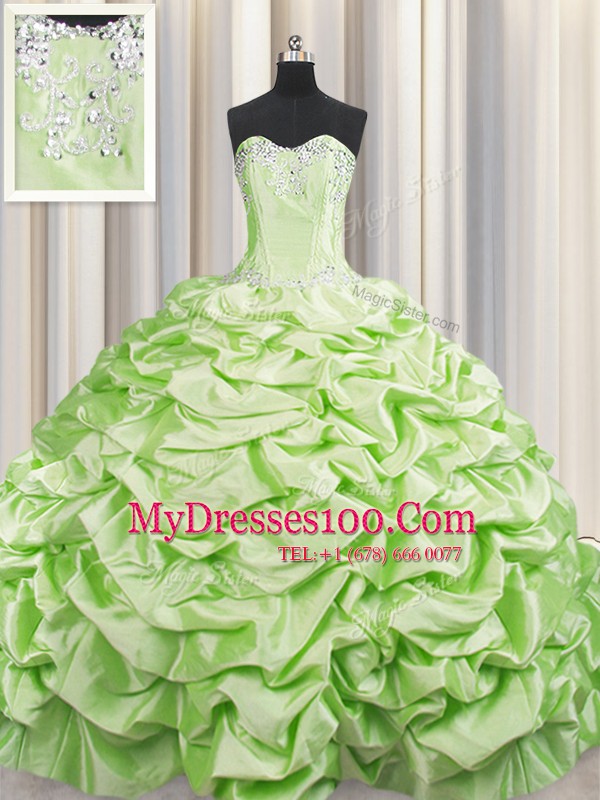 Customized Brush Train Yellow Green Sleeveless Beading and Pick Ups Lace Up 15 Quinceanera Dress