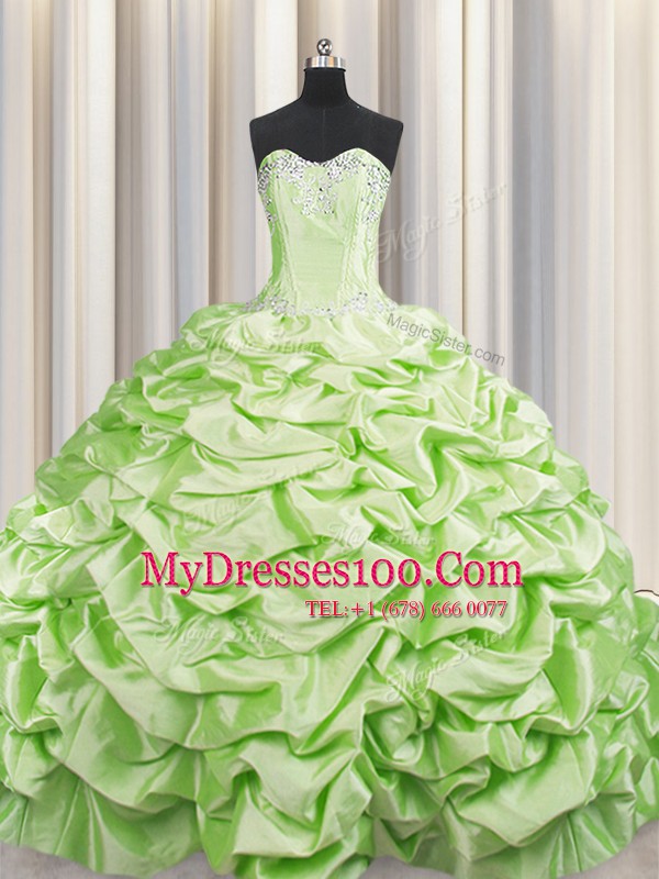 Customized Brush Train Yellow Green Sleeveless Beading and Pick Ups Lace Up 15 Quinceanera Dress