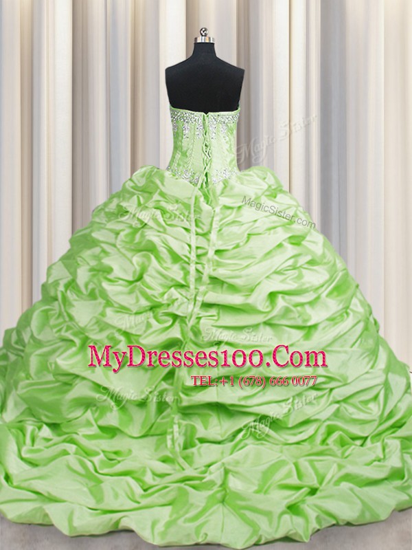 Customized Brush Train Yellow Green Sleeveless Beading and Pick Ups Lace Up 15 Quinceanera Dress
