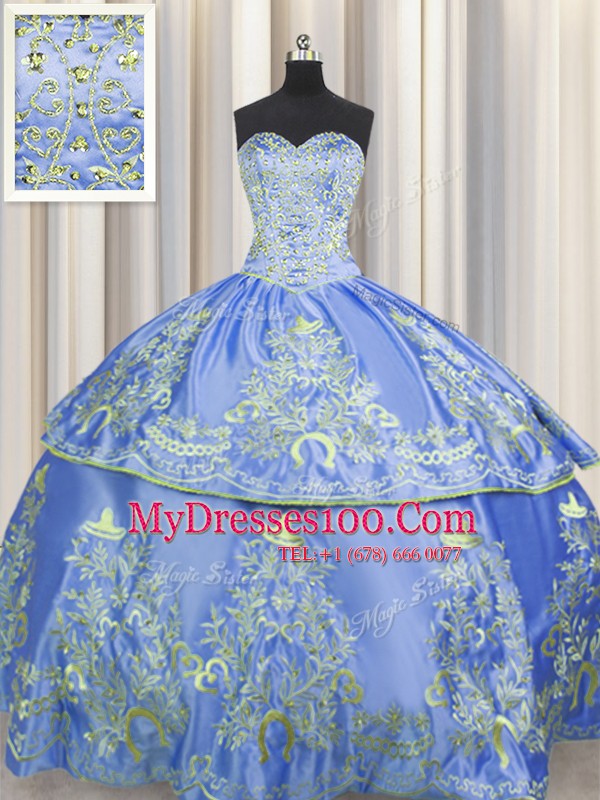 Shining Sleeveless Taffeta Floor Length Lace Up Ball Gown Prom Dress in Blue with Beading and Embroidery