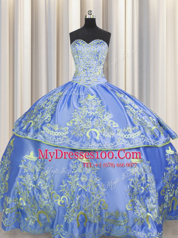 Shining Sleeveless Taffeta Floor Length Lace Up Ball Gown Prom Dress in Blue with Beading and Embroidery