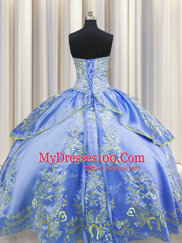 Shining Sleeveless Taffeta Floor Length Lace Up Ball Gown Prom Dress in Blue with Beading and Embroidery
