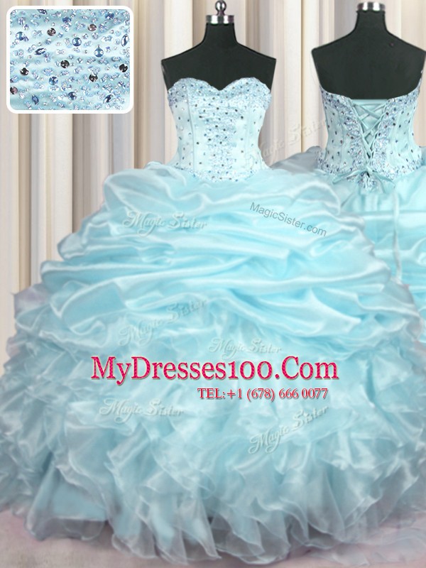 With Train Lace Up Quinceanera Gowns Light Blue for Military Ball and Sweet 16 and Quinceanera with Beading and Ruffles and Pick Ups Brush Train