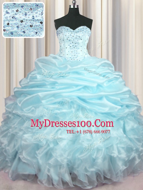With Train Lace Up Quinceanera Gowns Light Blue for Military Ball and Sweet 16 and Quinceanera with Beading and Ruffles and Pick Ups Brush Train