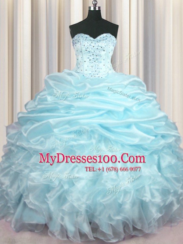 With Train Lace Up Quinceanera Gowns Light Blue for Military Ball and Sweet 16 and Quinceanera with Beading and Ruffles and Pick Ups Brush Train