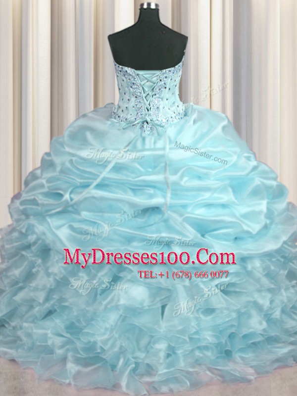 With Train Lace Up Quinceanera Gowns Light Blue for Military Ball and Sweet 16 and Quinceanera with Beading and Ruffles and Pick Ups Brush Train