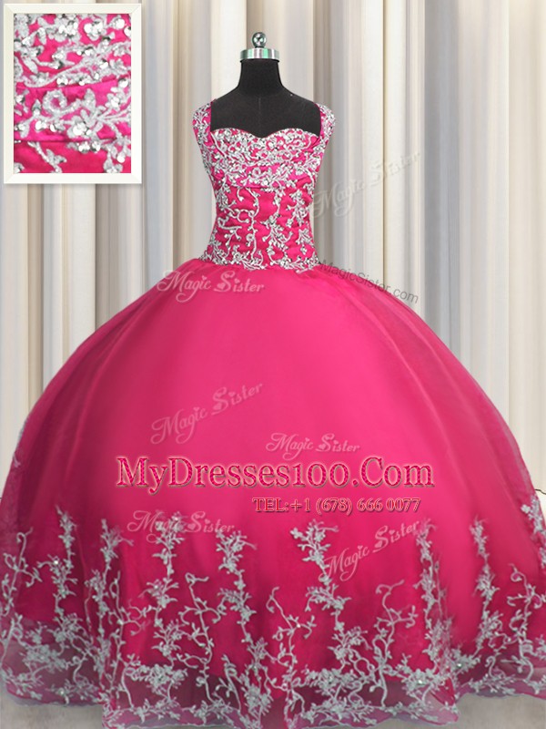 Hot Pink Sleeveless Tulle Lace Up 15 Quinceanera Dress for Military Ball and Sweet 16 and Quinceanera
