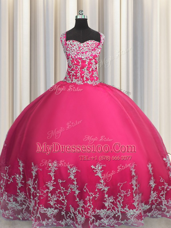 Hot Pink Sleeveless Tulle Lace Up 15 Quinceanera Dress for Military Ball and Sweet 16 and Quinceanera