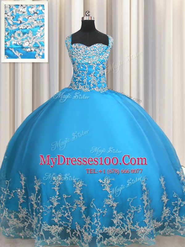 Sumptuous Baby Blue Lace Up 15 Quinceanera Dress Beading and Appliques Sleeveless Floor Length