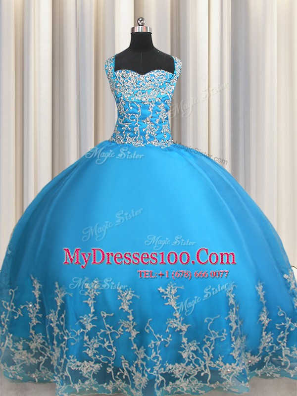 Sumptuous Baby Blue Lace Up 15 Quinceanera Dress Beading and Appliques Sleeveless Floor Length