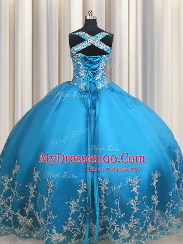 Sumptuous Baby Blue Lace Up 15 Quinceanera Dress Beading and Appliques Sleeveless Floor Length