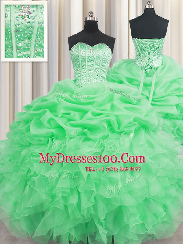 Flare Visible Boning Organza Lace Up Sweetheart Sleeveless Floor Length Quinceanera Dresses Beading and Ruffles and Pick Ups