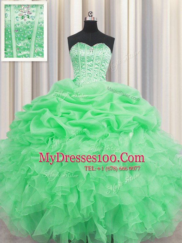 Flare Visible Boning Organza Lace Up Sweetheart Sleeveless Floor Length Quinceanera Dresses Beading and Ruffles and Pick Ups