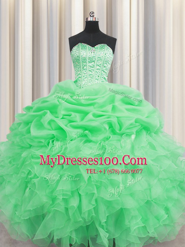Flare Visible Boning Organza Lace Up Sweetheart Sleeveless Floor Length Quinceanera Dresses Beading and Ruffles and Pick Ups