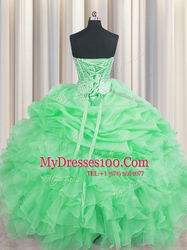 Flare Visible Boning Organza Lace Up Sweetheart Sleeveless Floor Length Quinceanera Dresses Beading and Ruffles and Pick Ups