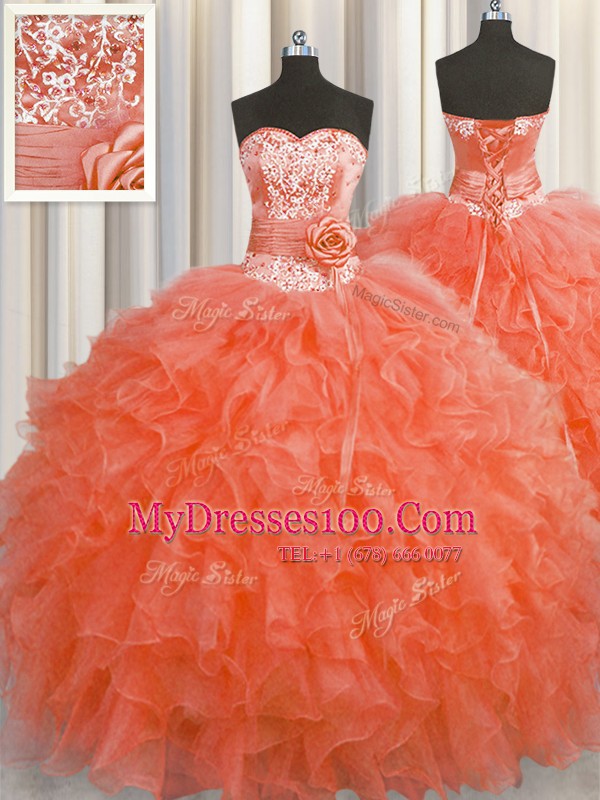 Handcrafted Flower Organza Sleeveless Floor Length 15th Birthday Dress and Beading and Ruffles and Hand Made Flower