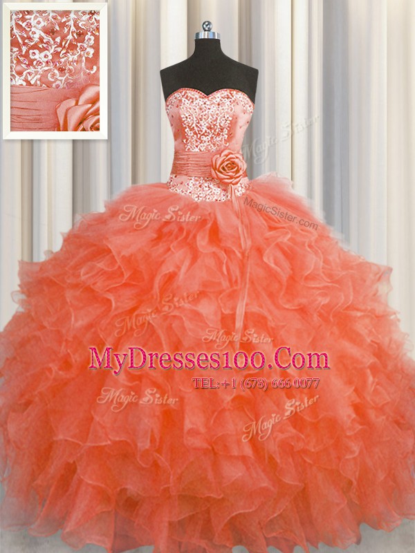 Handcrafted Flower Organza Sleeveless Floor Length 15th Birthday Dress and Beading and Ruffles and Hand Made Flower