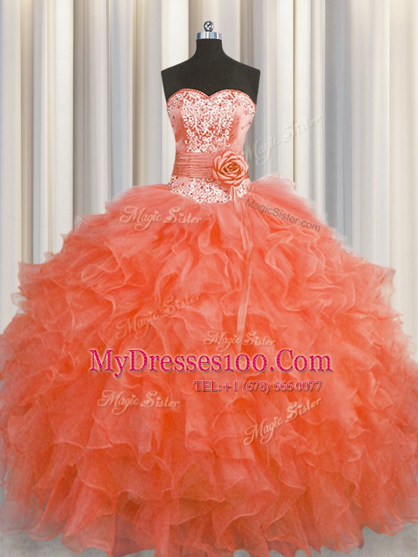 Handcrafted Flower Organza Sleeveless Floor Length 15th Birthday Dress and Beading and Ruffles and Hand Made Flower