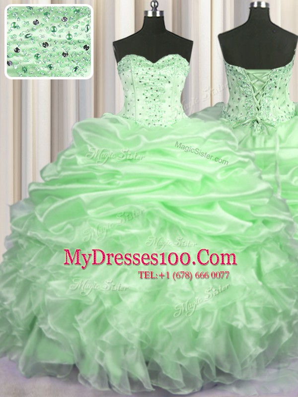 Sweetheart Sleeveless Vestidos de Quinceanera With Brush Train Beading and Ruffles and Pick Ups Organza