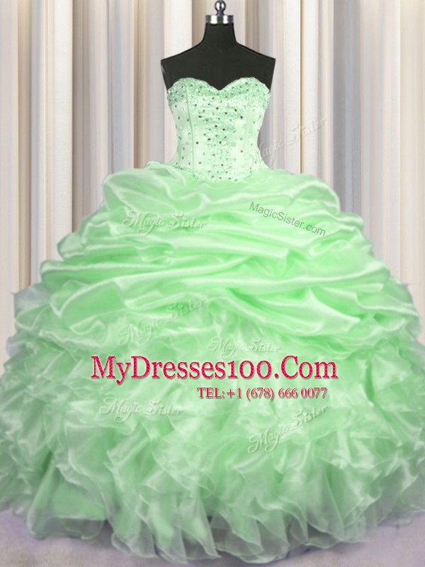 Sweetheart Sleeveless Vestidos de Quinceanera With Brush Train Beading and Ruffles and Pick Ups Organza