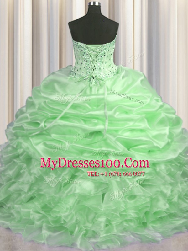 Sweetheart Sleeveless Vestidos de Quinceanera With Brush Train Beading and Ruffles and Pick Ups Organza