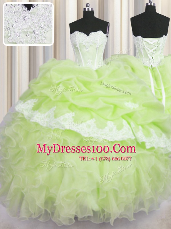Sleeveless Organza Floor Length Lace Up Sweet 16 Dress in Yellow Green with Beading and Appliques and Ruffles and Pick Ups