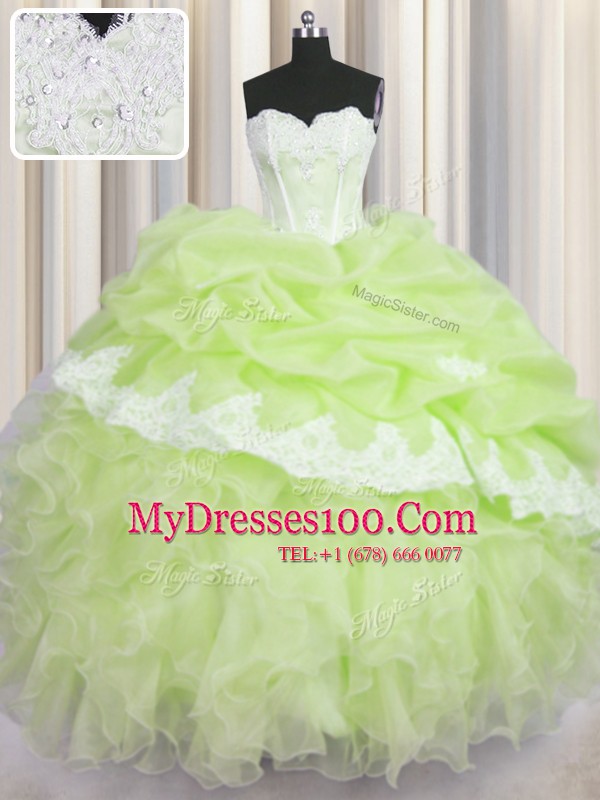 Sleeveless Organza Floor Length Lace Up Sweet 16 Dress in Yellow Green with Beading and Appliques and Ruffles and Pick Ups