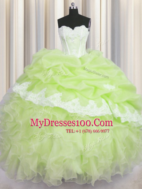 Sleeveless Organza Floor Length Lace Up Sweet 16 Dress in Yellow Green with Beading and Appliques and Ruffles and Pick Ups