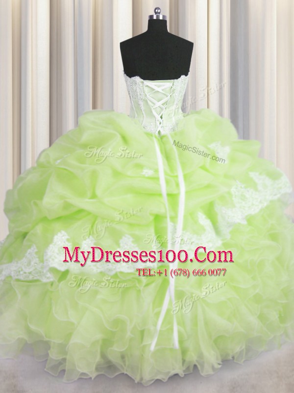 Sleeveless Organza Floor Length Lace Up Sweet 16 Dress in Yellow Green with Beading and Appliques and Ruffles and Pick Ups