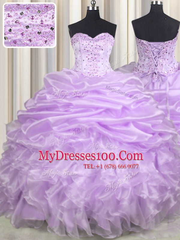 Delicate Pick Ups Sweetheart Sleeveless Brush Train Lace Up Ball Gown Prom Dress Lavender Organza