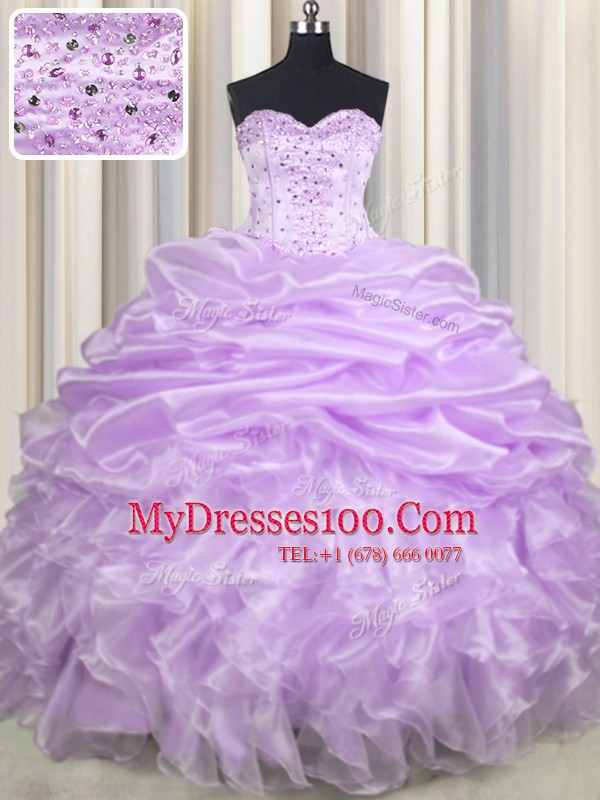 Delicate Pick Ups Sweetheart Sleeveless Brush Train Lace Up Ball Gown Prom Dress Lavender Organza