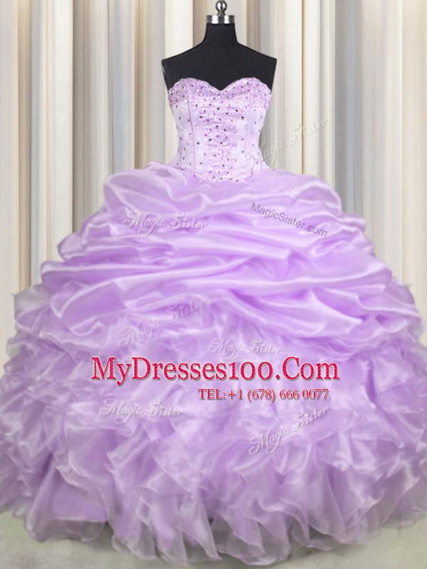 Delicate Pick Ups Sweetheart Sleeveless Brush Train Lace Up Ball Gown Prom Dress Lavender Organza