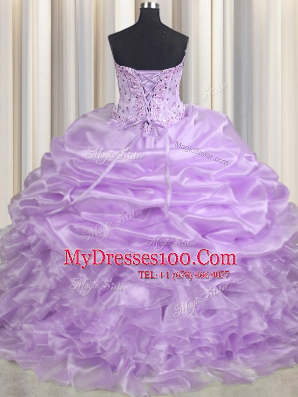 Delicate Pick Ups Sweetheart Sleeveless Brush Train Lace Up Ball Gown Prom Dress Lavender Organza