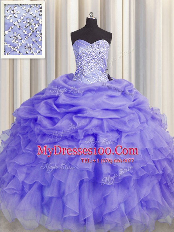 Flare Lavender Lace Up Quinceanera Gown Beading and Ruffles Sleeveless Floor Length