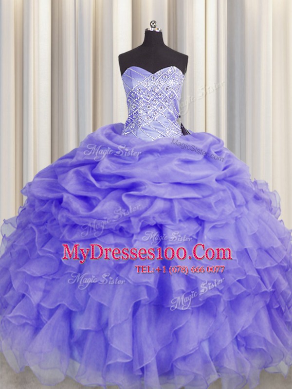 Flare Lavender Lace Up Quinceanera Gown Beading and Ruffles Sleeveless Floor Length