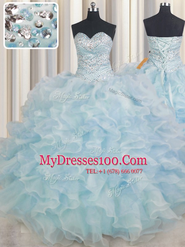 Light Blue Organza Lace Up Sweetheart Sleeveless Floor Length Sweet 16 Dresses Beading and Ruffles