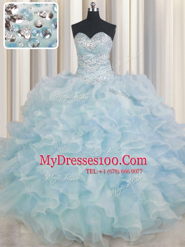 Light Blue Organza Lace Up Sweetheart Sleeveless Floor Length Sweet 16 Dresses Beading and Ruffles