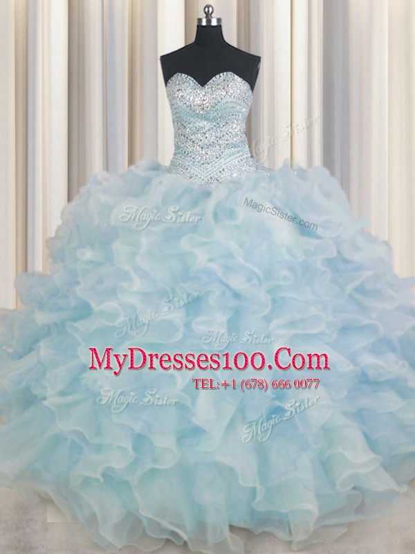 Light Blue Organza Lace Up Sweetheart Sleeveless Floor Length Sweet 16 Dresses Beading and Ruffles