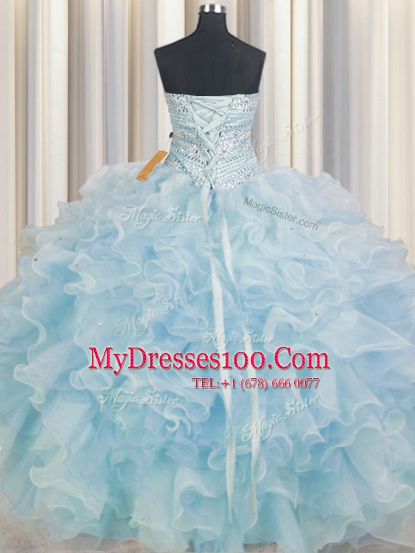 Light Blue Organza Lace Up Sweetheart Sleeveless Floor Length Sweet 16 Dresses Beading and Ruffles