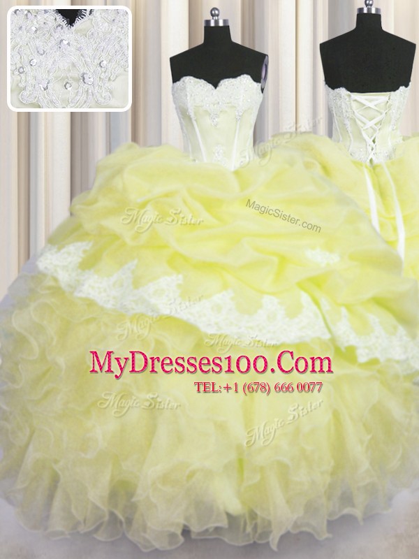 Glorious Pick Ups Sweetheart Sleeveless Lace Up Quinceanera Gowns Light Yellow Organza
