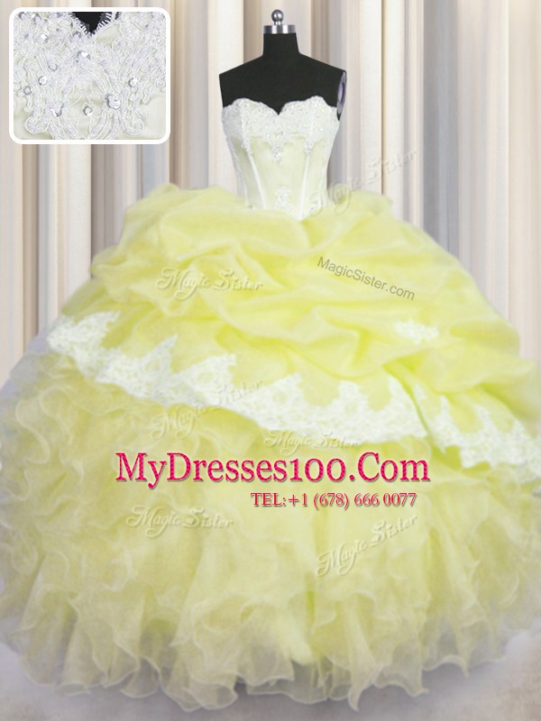 Glorious Pick Ups Sweetheart Sleeveless Lace Up Quinceanera Gowns Light Yellow Organza